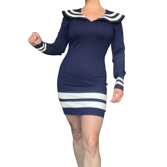 Navy & White Nautical Bodycon Dress – Size M - Picture 7 of 10